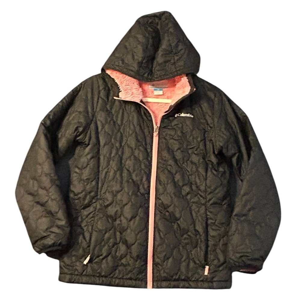 Columbia Girls XL Black Quilted Hooded Jacket Pink Fleece Lined Full Zip Coat